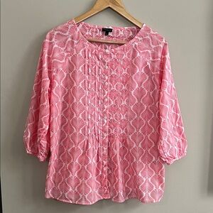 Talbots pleated button up blouse pink and white size large
